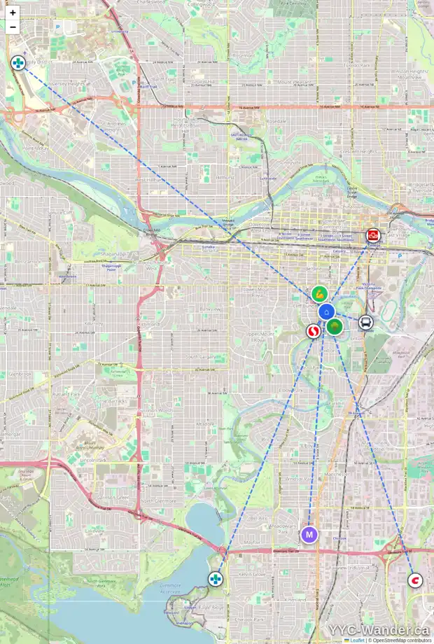 Daily accessibility map for 11 310 22 AV SW, Calgary showing nearby schools, grocery stores, parks, LRT stations and nearby amenities