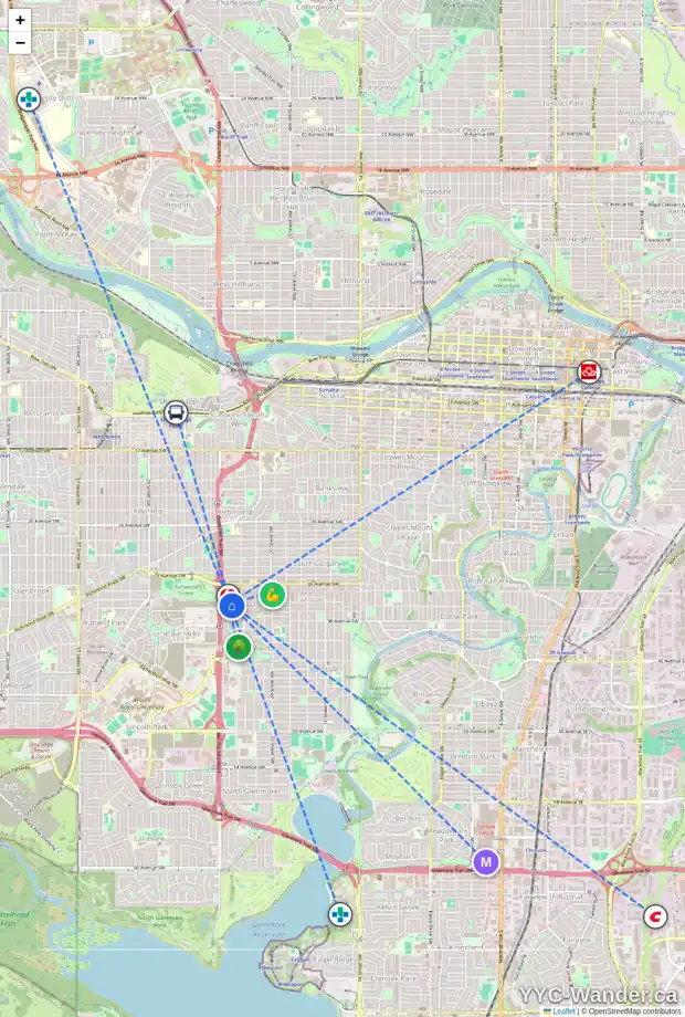 Daily accessibility map for 303 2400 SORREL ME SW, Calgary showing nearby schools, grocery stores, parks, LRT stations and nearby amenities