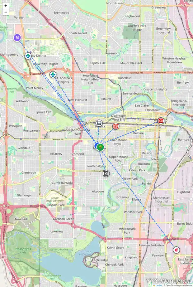 Daily accessibility map for 2144 17 ST SW, Calgary showing nearby schools, grocery stores, parks, LRT stations and nearby amenities