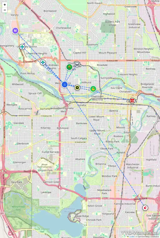 Daily accessibility map for 1 2322 2 AV NW, Calgary showing nearby schools, grocery stores, parks, LRT stations and nearby amenities