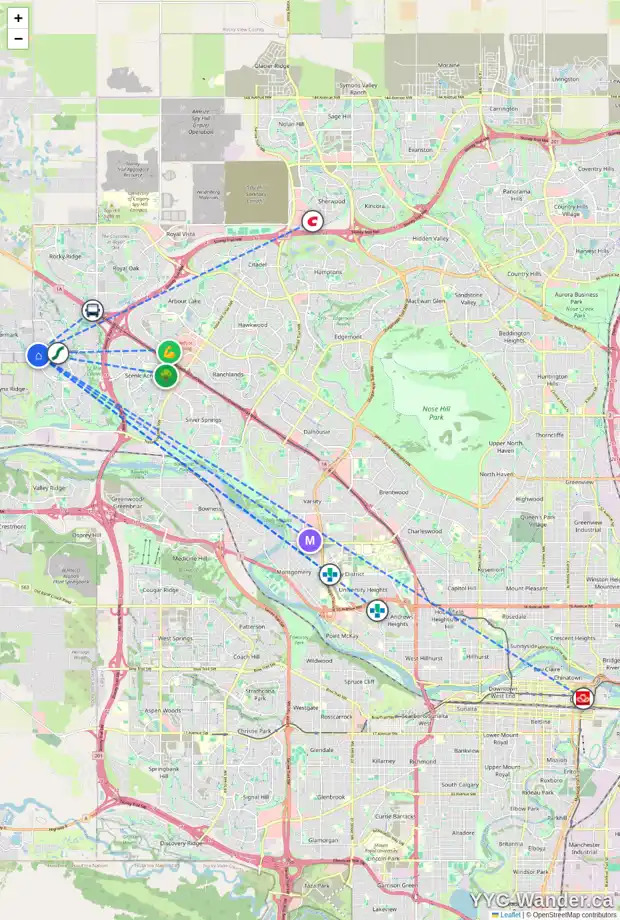 Daily accessibility map for 131 TUSCANY RIDGE TC NW, Calgary showing nearby schools, grocery stores, parks, LRT stations and nearby amenities