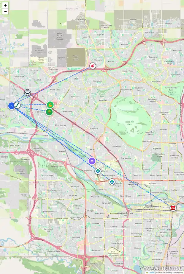 Daily accessibility map for 135 TUSCANY RIDGE TC NW, Calgary showing nearby schools, grocery stores, parks, LRT stations and nearby amenities