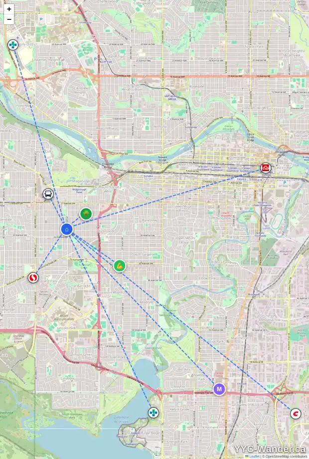 Daily accessibility map for 1 2431 29 ST SW, Calgary showing nearby schools, grocery stores, parks, LRT stations and nearby amenities