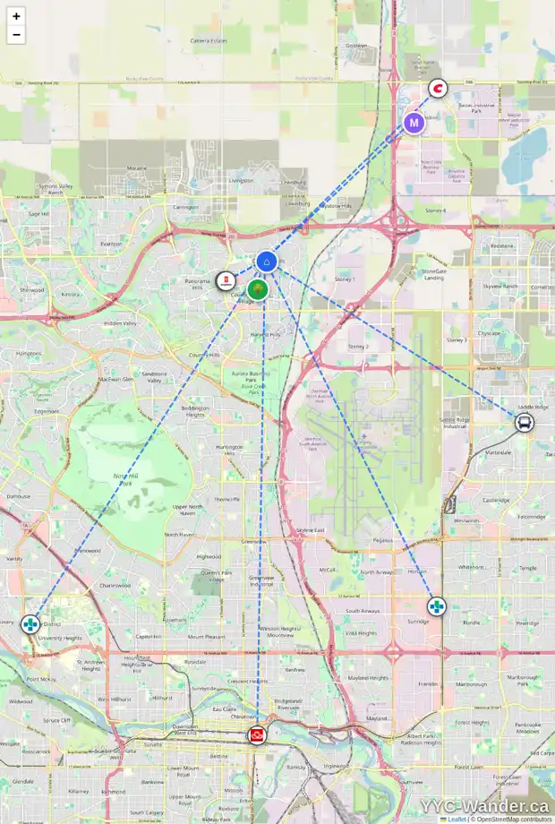 Daily accessibility map for 243 COVEPARK PL NE, Calgary showing nearby schools, grocery stores, parks, LRT stations and nearby amenities