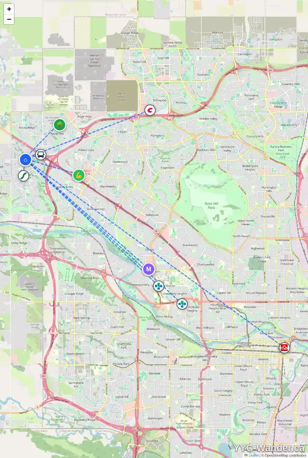 Daily accessibility map for 1 TUSCANY SPRINGS TC NW, Calgary showing nearby schools, grocery stores, parks, LRT stations and nearby amenities