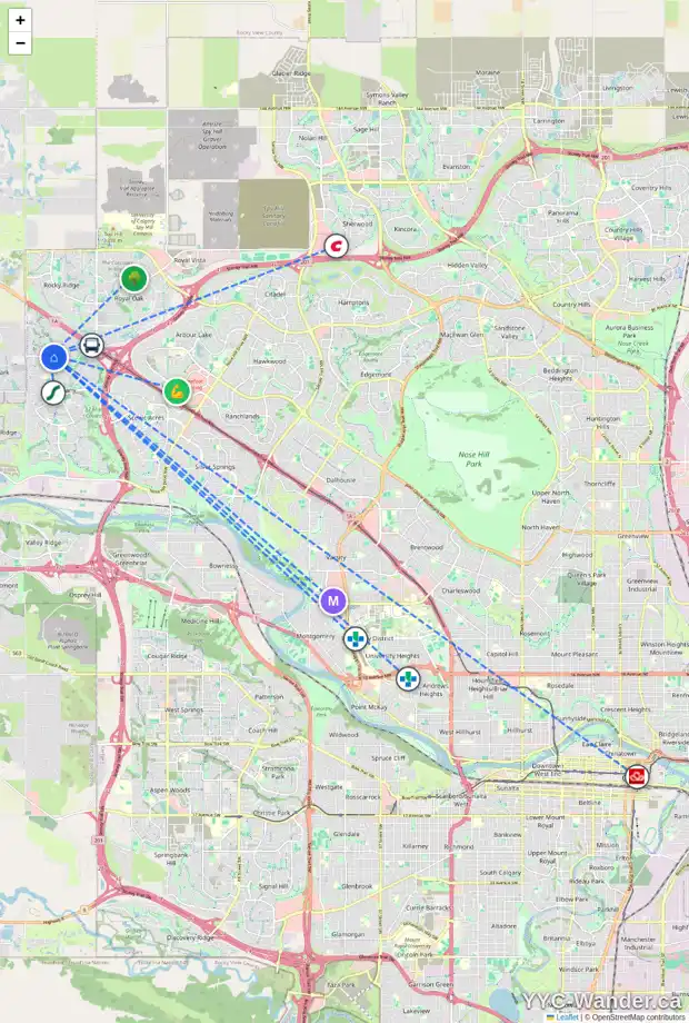 Daily accessibility map for 37 TUSCANY SPRINGS TC NW, Calgary showing nearby schools, grocery stores, parks, LRT stations and nearby amenities