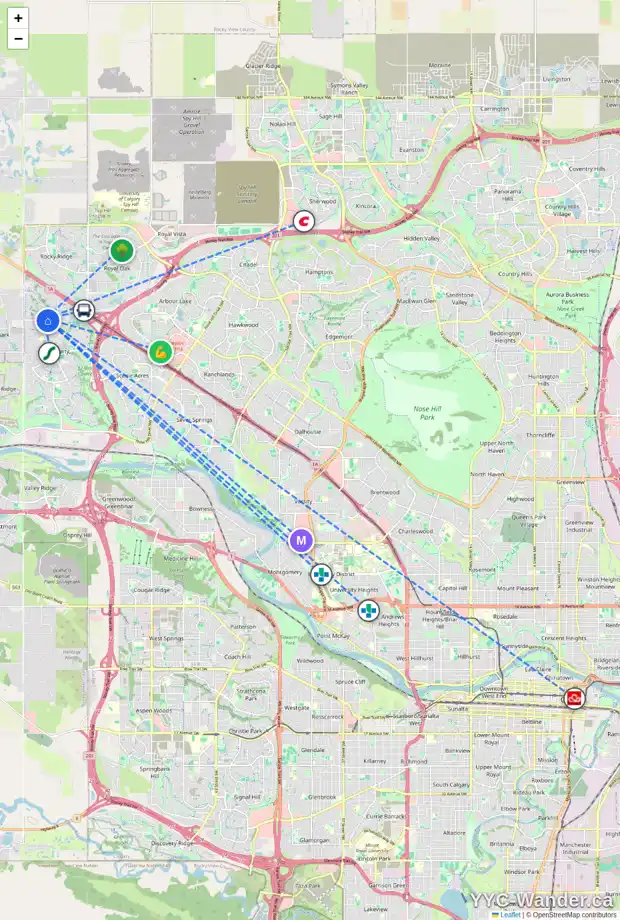 Daily accessibility map for 57 TUSCANY SPRINGS TC NW, Calgary showing nearby schools, grocery stores, parks, LRT stations and nearby amenities