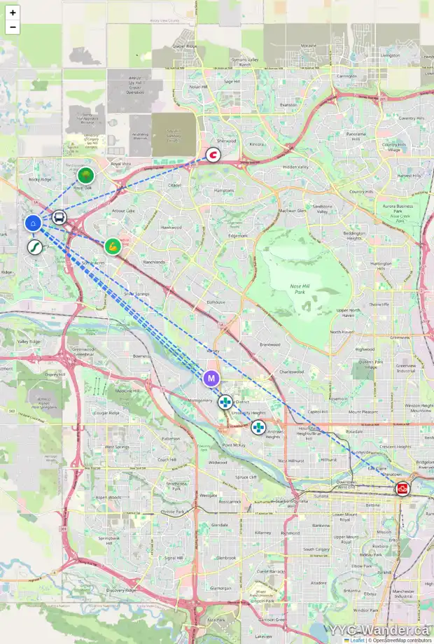 Daily accessibility map for 73 TUSCANY SPRINGS TC NW, Calgary showing nearby schools, grocery stores, parks, LRT stations and nearby amenities