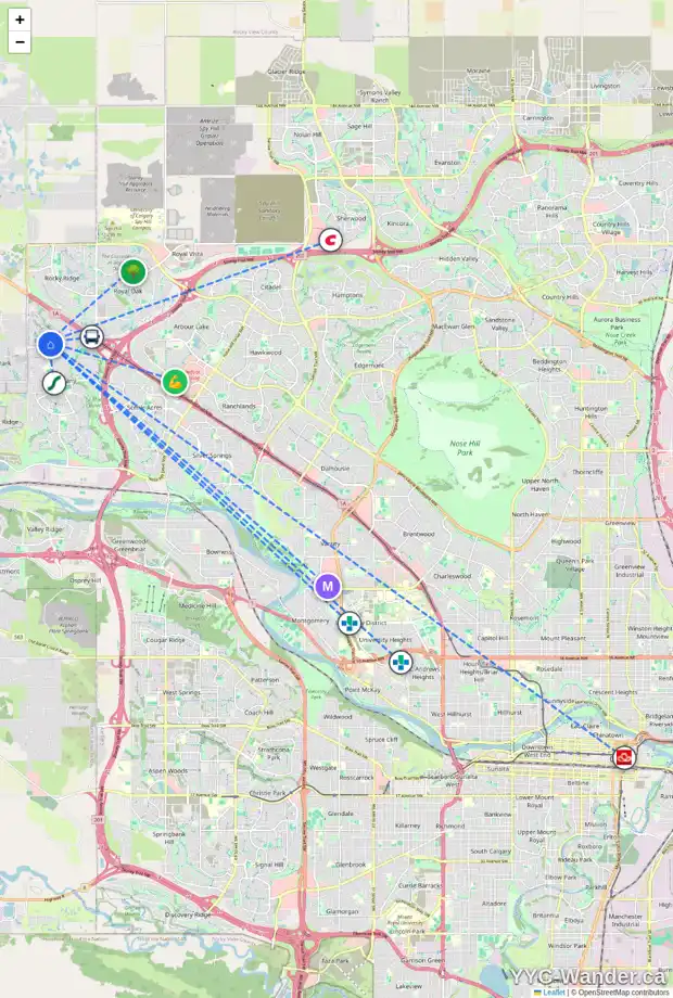 Daily accessibility map for 85 TUSCANY SPRINGS TC NW, Calgary showing nearby schools, grocery stores, parks, LRT stations and nearby amenities