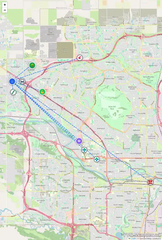 Daily accessibility map for 10 TUSCANY SPRINGS HL NW, Calgary showing nearby schools, grocery stores, parks, LRT stations and nearby amenities