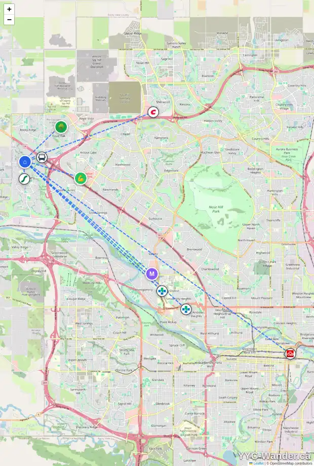 Daily accessibility map for 30 TUSCANY SPRINGS TC NW, Calgary showing nearby schools, grocery stores, parks, LRT stations and nearby amenities