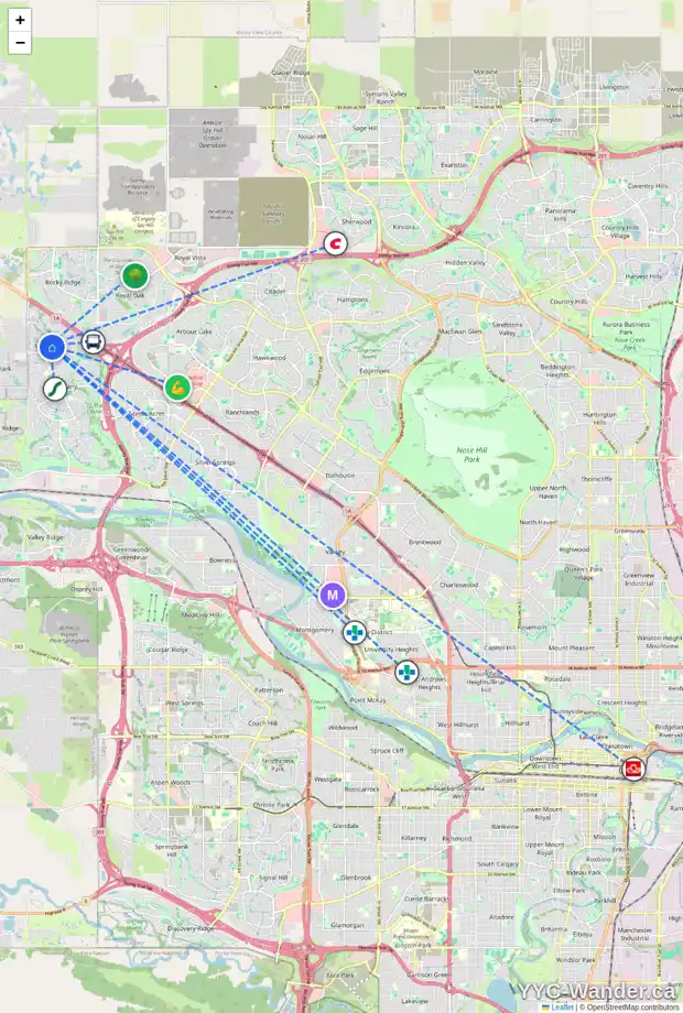 Daily accessibility map for 92 TUSCANY SPRINGS TC NW, Calgary showing nearby schools, grocery stores, parks, LRT stations and nearby amenities