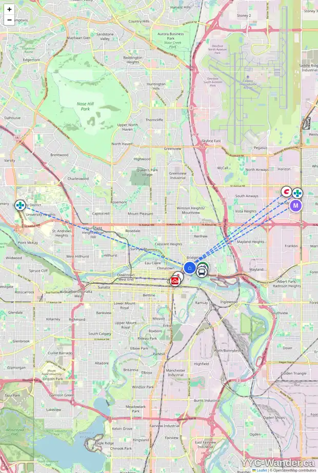 Daily accessibility map for 1 652 MCDOUGALL RD NE, Calgary showing nearby schools, grocery stores, parks, LRT stations and nearby amenities