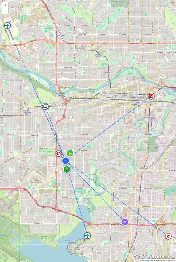 Daily accessibility map for 216 SOMME AV SW, Calgary showing nearby schools, grocery stores, parks, LRT stations and nearby amenities