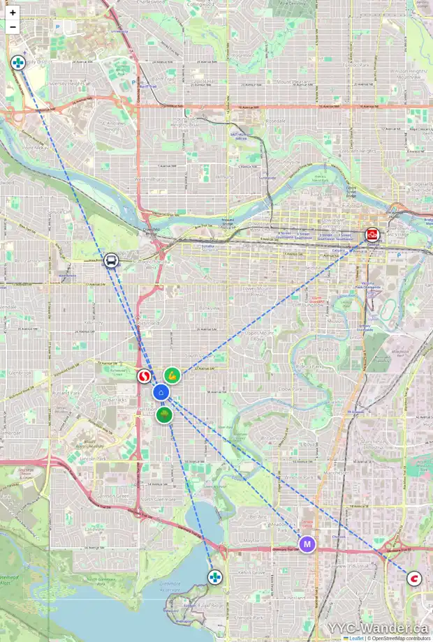 Daily accessibility map for 20 VERSAILLES GA SW, Calgary showing nearby schools, grocery stores, parks, LRT stations and nearby amenities