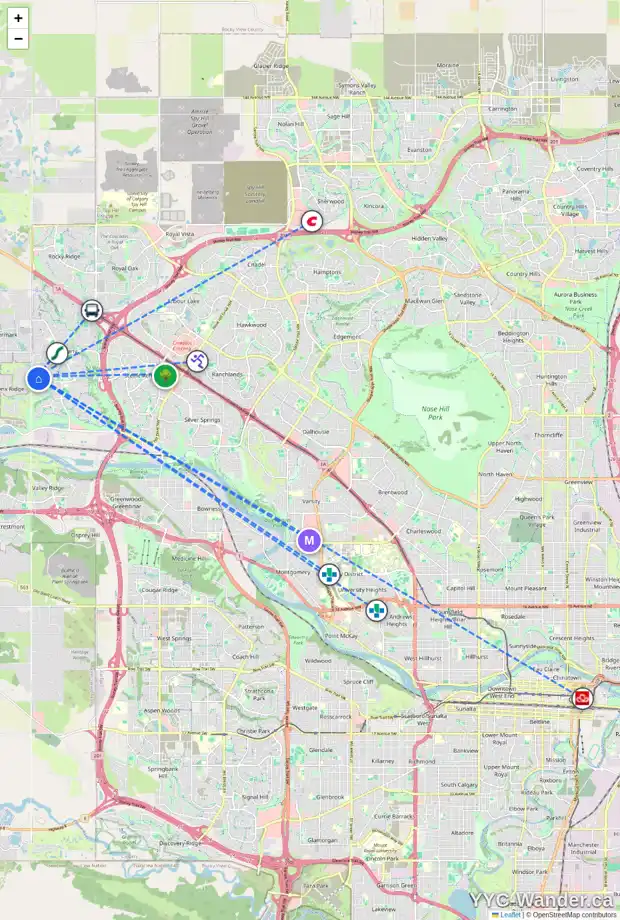 Daily accessibility map for 77 TUSCANY VISTA CR NW, Calgary showing nearby schools, grocery stores, parks, LRT stations and nearby amenities