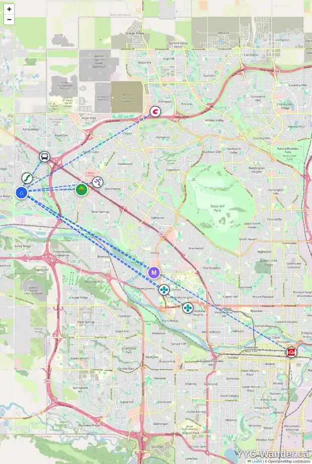 Daily accessibility map for 38 TUSCANY VISTA RD NW, Calgary showing nearby schools, grocery stores, parks, LRT stations and nearby amenities
