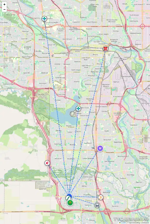 Daily accessibility map for 41 EVERSYDE CO SW, Calgary showing nearby schools, grocery stores, parks, LRT stations and nearby amenities