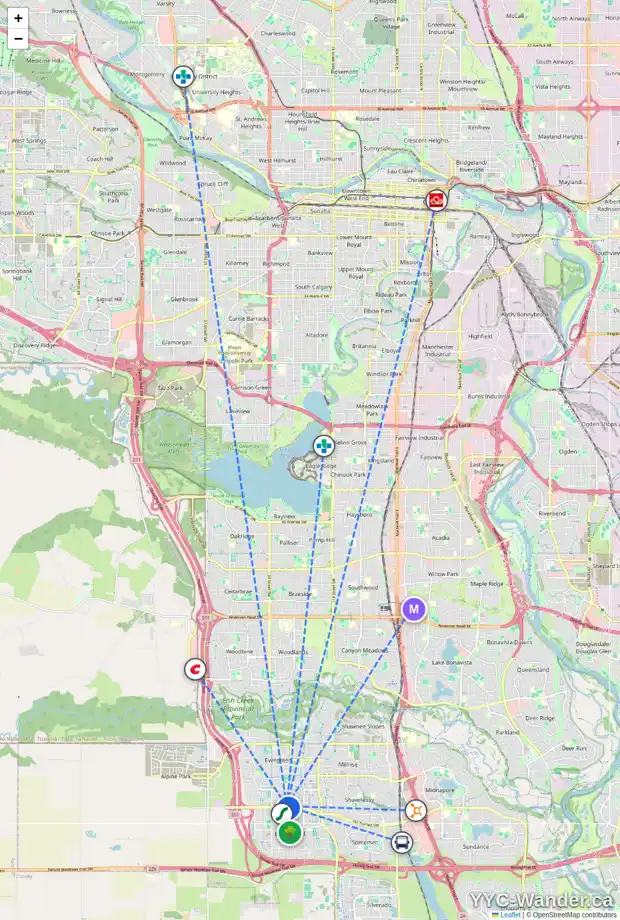 Daily accessibility map for 75 EVERSYDE CO SW, Calgary showing nearby schools, grocery stores, parks, LRT stations and nearby amenities