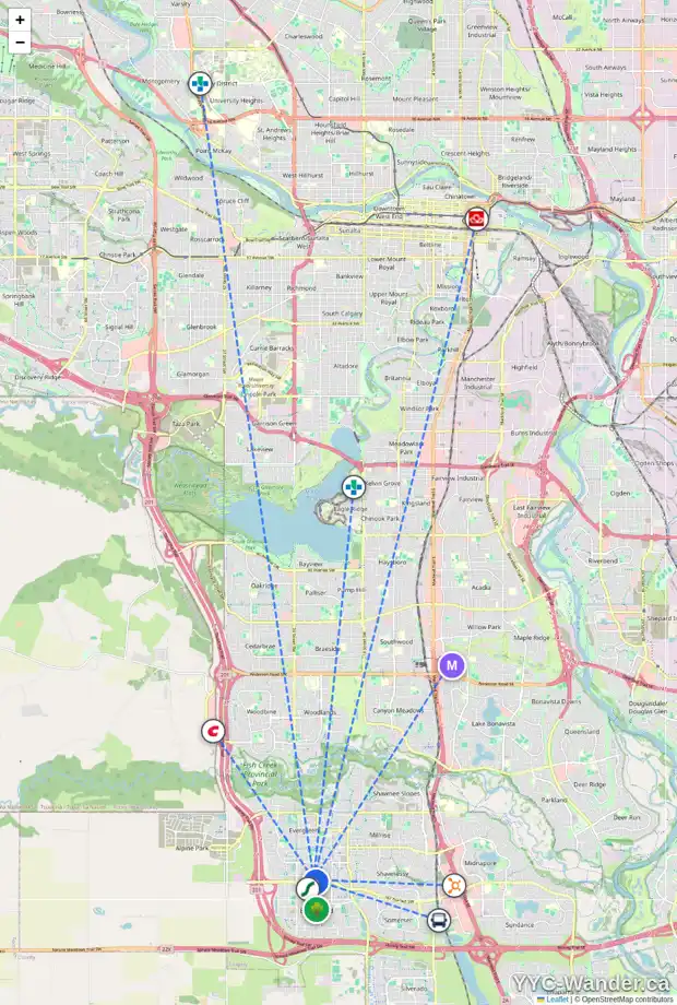 Daily accessibility map for 81 EVERSYDE CO SW, Calgary showing nearby schools, grocery stores, parks, LRT stations and nearby amenities