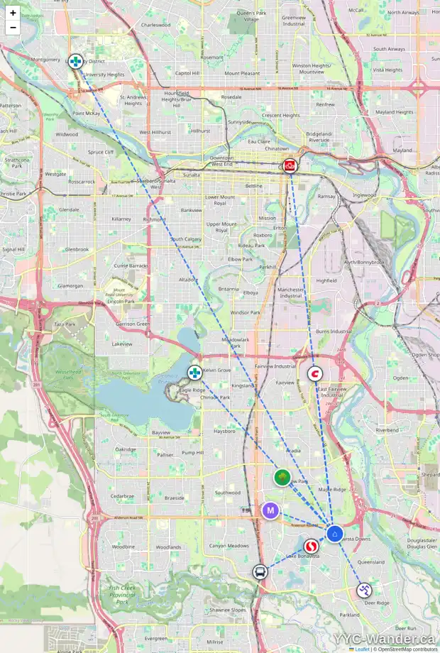 Daily accessibility map for 1147 LAKE WAPTA RD SE, Calgary showing nearby schools, grocery stores, parks, LRT stations and nearby amenities