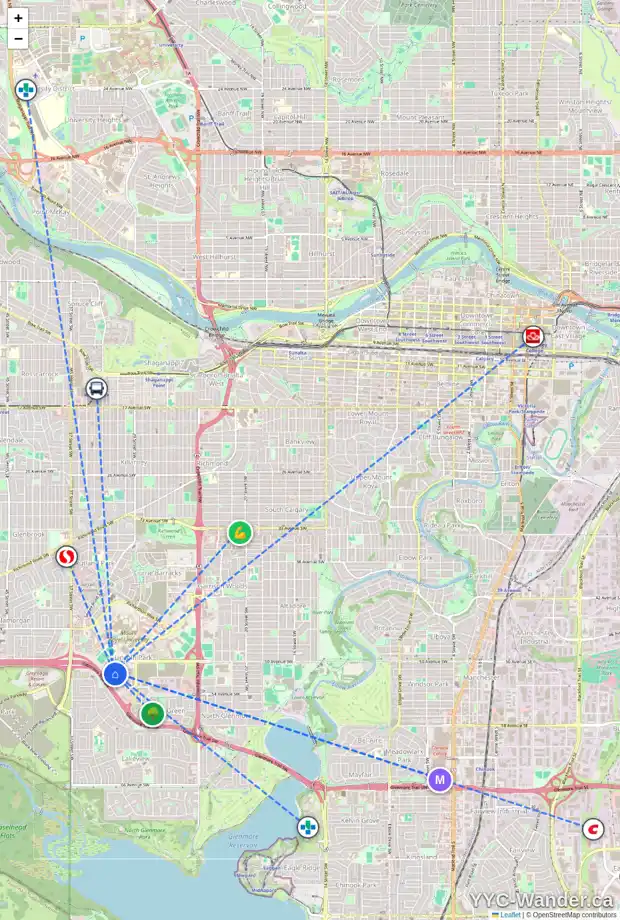 Daily accessibility map for 340 35 RICHARD CO SW, Calgary showing nearby schools, grocery stores, parks, LRT stations and nearby amenities