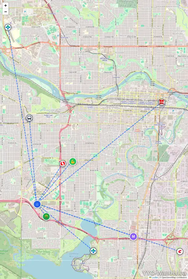 Daily accessibility map for 102 25 RICHARD PL SW, Calgary showing nearby schools, grocery stores, parks, LRT stations and nearby amenities