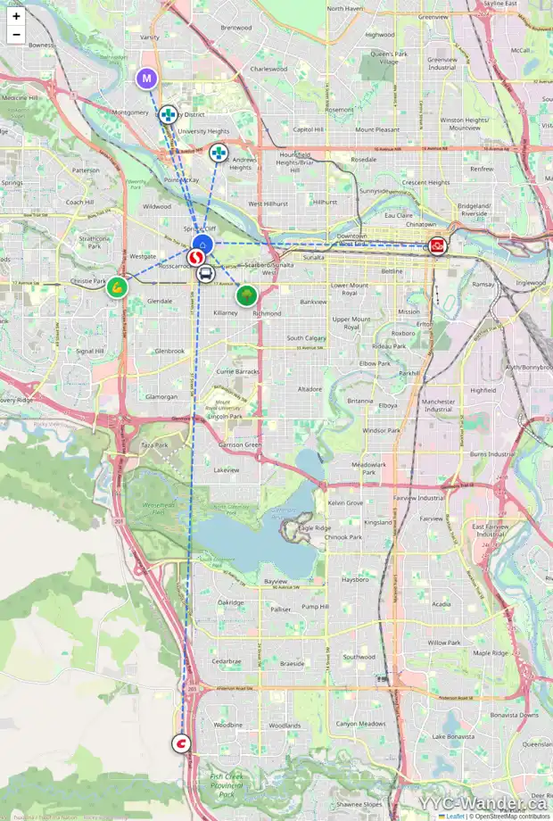 Daily accessibility map for 25B TAMARAC CR SW, Calgary showing nearby schools, grocery stores, parks, LRT stations and nearby amenities