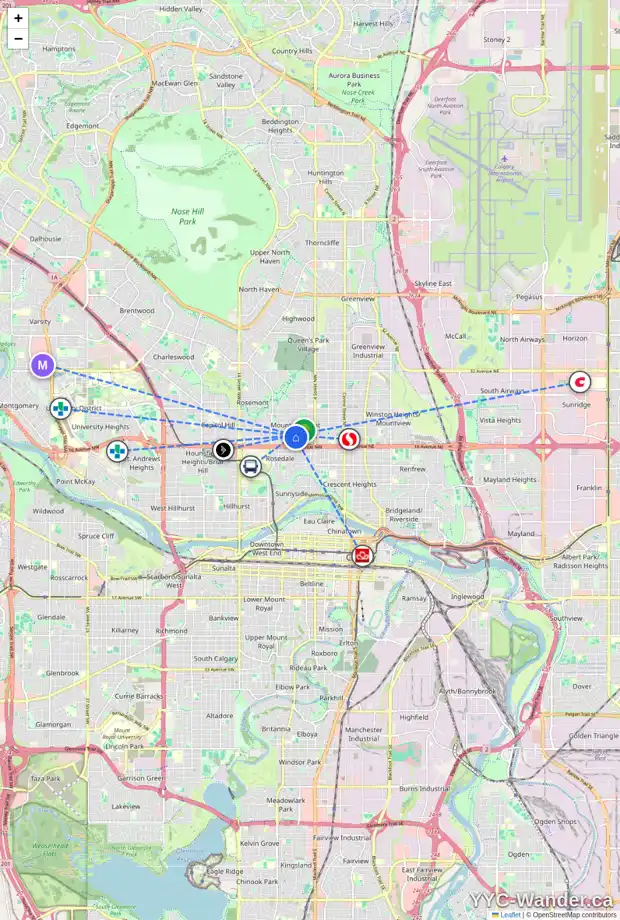 Daily accessibility map for 726 18 AV NW, Calgary showing nearby schools, grocery stores, parks, LRT stations and nearby amenities