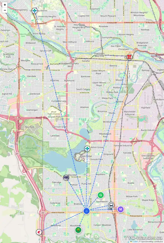 Daily accessibility map for 158 BRANIFF CR SW, Calgary showing nearby schools, grocery stores, parks, LRT stations and nearby amenities