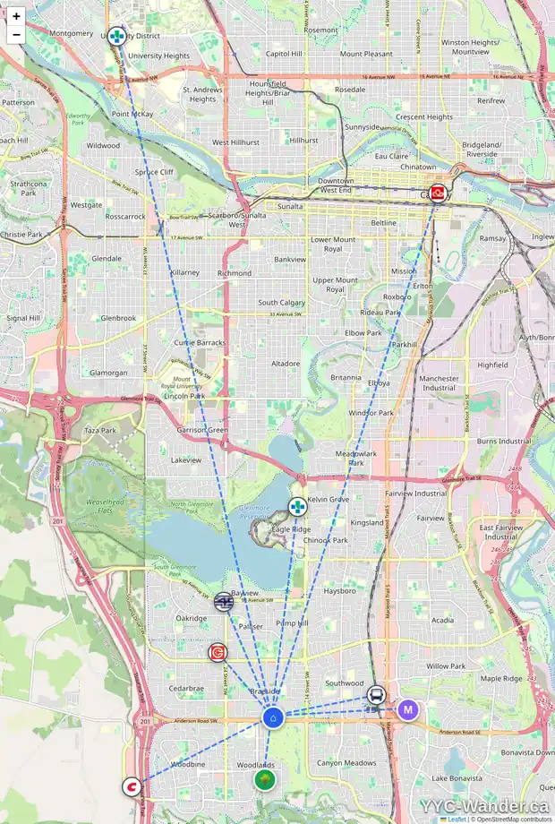 Daily accessibility map for 4 333 BRAXTON PL SW, Calgary showing nearby schools, grocery stores, parks, LRT stations and nearby amenities