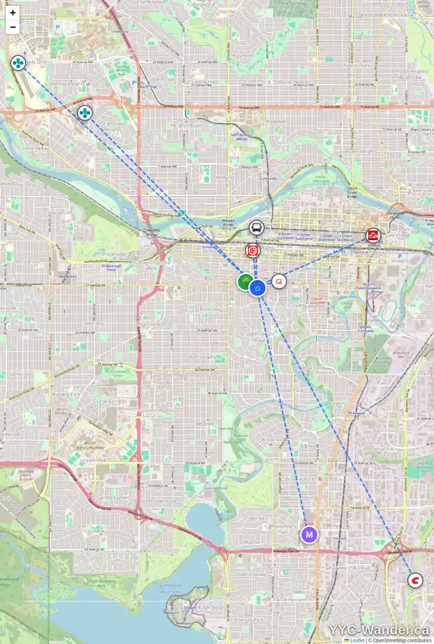 Daily accessibility map for 302 1107 17 AV SW, Calgary showing nearby schools, grocery stores, parks, LRT stations and nearby amenities