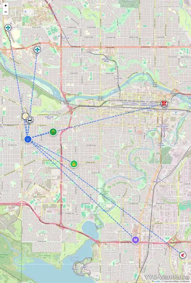 Daily accessibility map for 2410 35 ST SW, Calgary showing nearby schools, grocery stores, parks, LRT stations and nearby amenities
