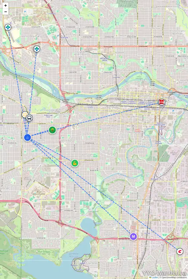 Daily accessibility map for 2412 35 ST SW, Calgary showing nearby schools, grocery stores, parks, LRT stations and nearby amenities