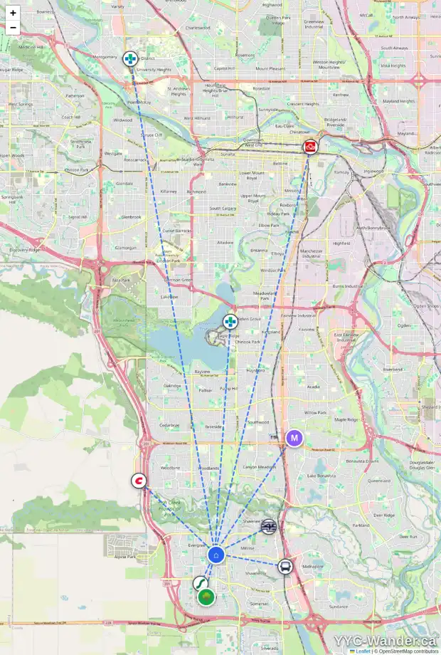 Daily accessibility map for 6 EVERWILLOW CI SW, Calgary showing nearby schools, grocery stores, parks, LRT stations and nearby amenities