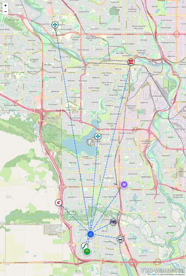 Daily accessibility map for 34 EVERWILLOW CI SW, Calgary showing nearby schools, grocery stores, parks, LRT stations and nearby amenities