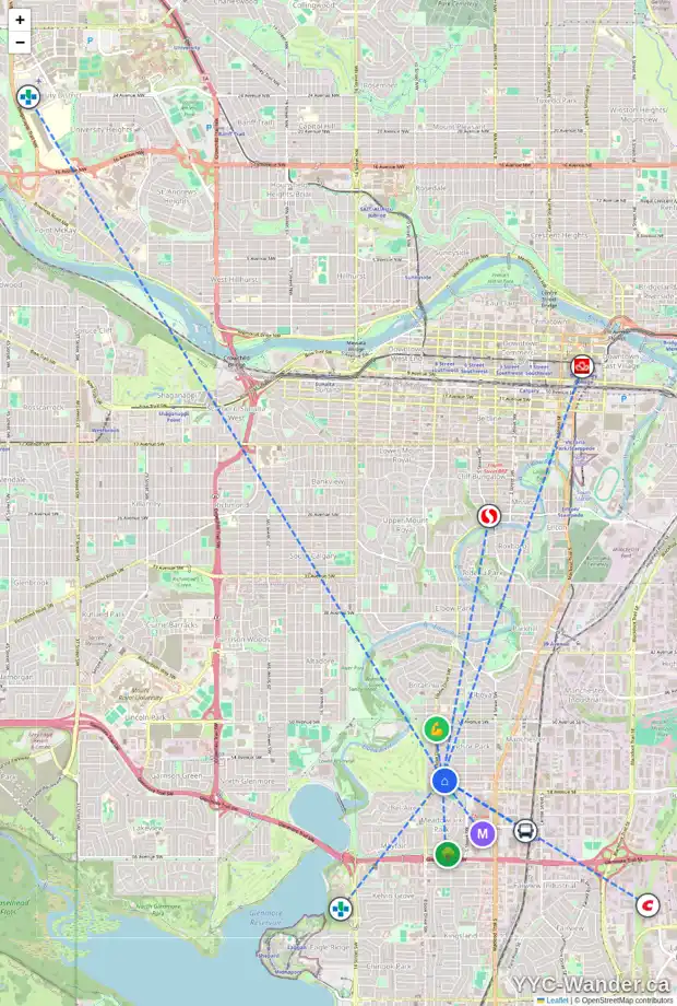 Daily accessibility map for 403 732 57 AV SW, Calgary showing nearby schools, grocery stores, parks, LRT stations and nearby amenities