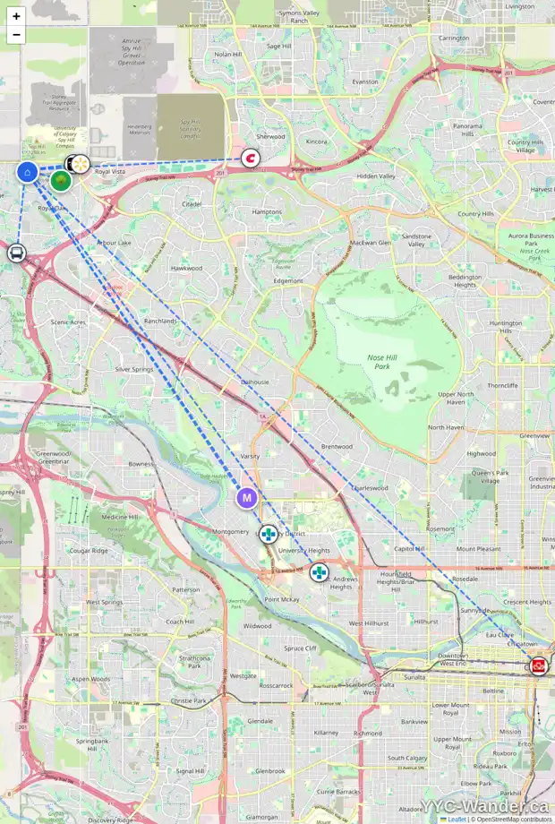 Daily accessibility map for 47 ROYAL OAK GD NW, Calgary showing nearby schools, grocery stores, parks, LRT stations and nearby amenities