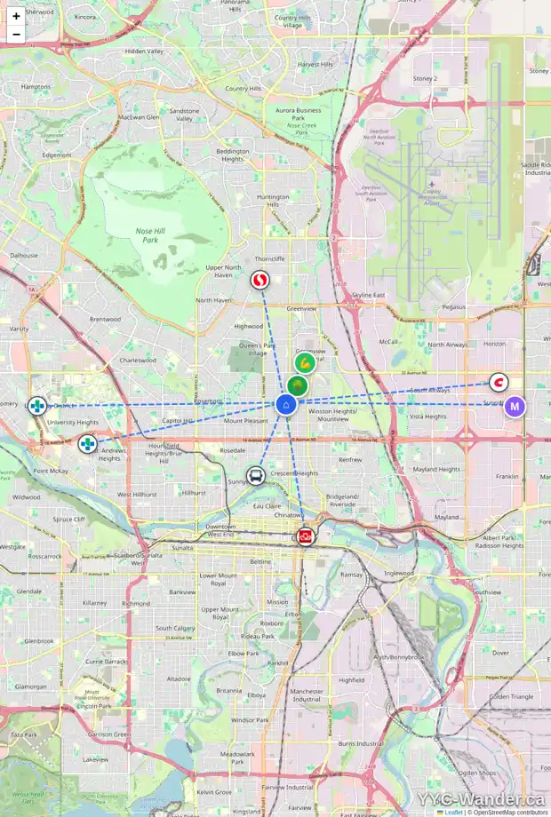 Daily accessibility map for 127 25 AV NW, Calgary showing nearby schools, grocery stores, parks, LRT stations and nearby amenities