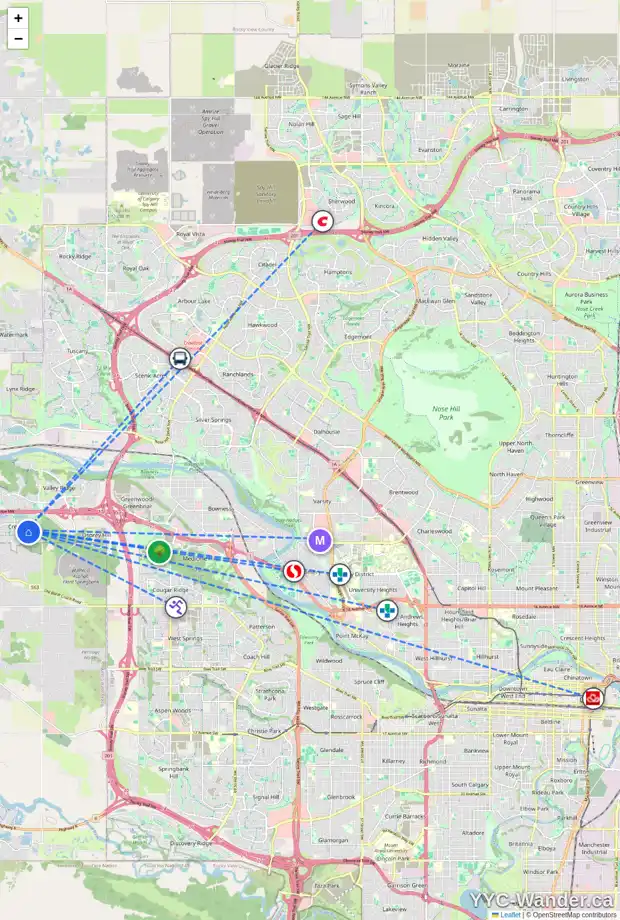 Daily accessibility map for 65 CRESTMONT DR SW, Calgary showing nearby schools, grocery stores, parks, LRT stations and nearby amenities