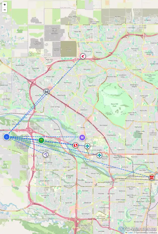 Daily accessibility map for 131 CRESTMONT DR SW, Calgary showing nearby schools, grocery stores, parks, LRT stations and nearby amenities
