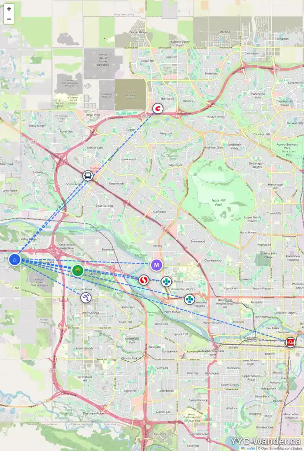 Daily accessibility map for 46 CRESTMONT DR SW, Calgary showing nearby schools, grocery stores, parks, LRT stations and nearby amenities