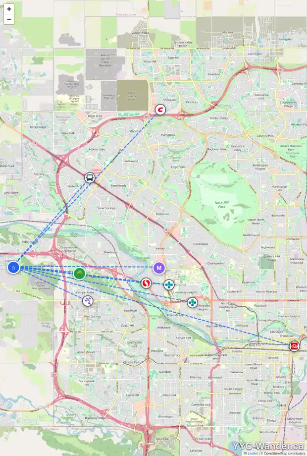 Daily accessibility map for 120 CRESTMONT DR SW, Calgary showing nearby schools, grocery stores, parks, LRT stations and nearby amenities