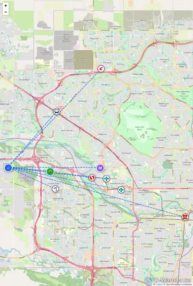 Daily accessibility map for 126 CRESTMONT DR SW, Calgary showing nearby schools, grocery stores, parks, LRT stations and nearby amenities