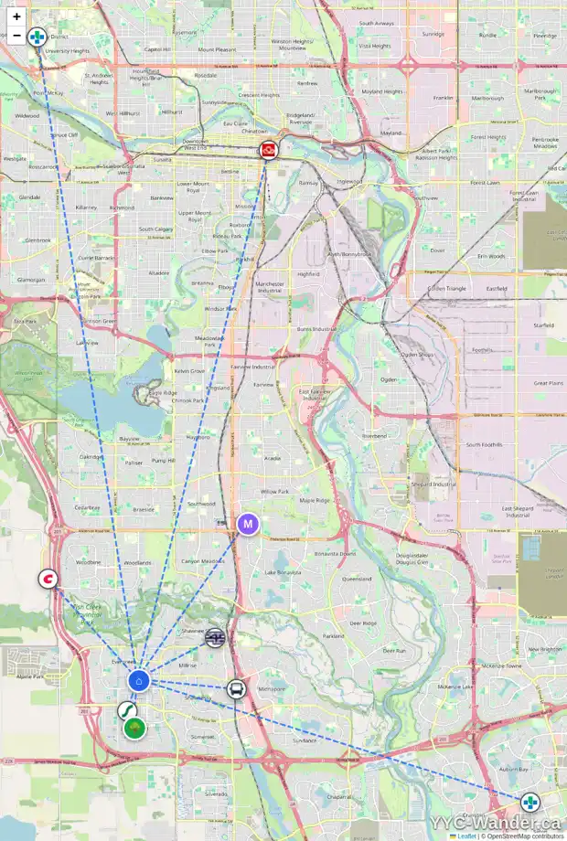 Daily accessibility map for 183 EVERSYDE WY SW, Calgary showing nearby schools, grocery stores, parks, LRT stations and nearby amenities
