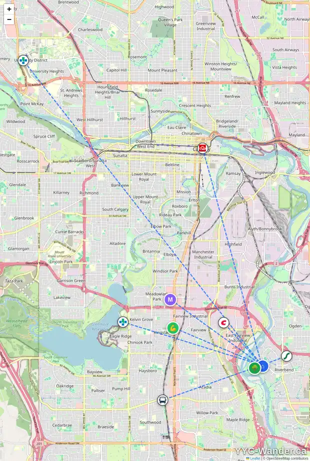 Daily accessibility map for 194 RIVERSIDE CL SE, Calgary showing nearby schools, grocery stores, parks, LRT stations and nearby amenities