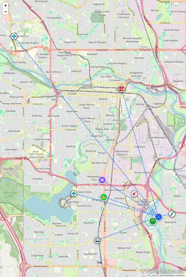 Daily accessibility map for 240 RIVERBEND DR SE, Calgary showing nearby schools, grocery stores, parks, LRT stations and nearby amenities