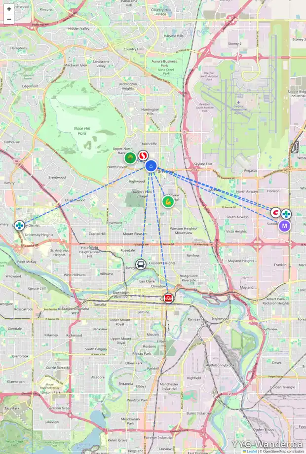 Daily accessibility map for 307 SIMONS RD NW, Calgary showing nearby schools, grocery stores, parks, LRT stations and nearby amenities