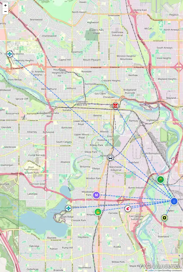 Daily accessibility map for 2228 CRESTWOOD RD SE, Calgary showing nearby schools, grocery stores, parks, LRT stations and nearby amenities