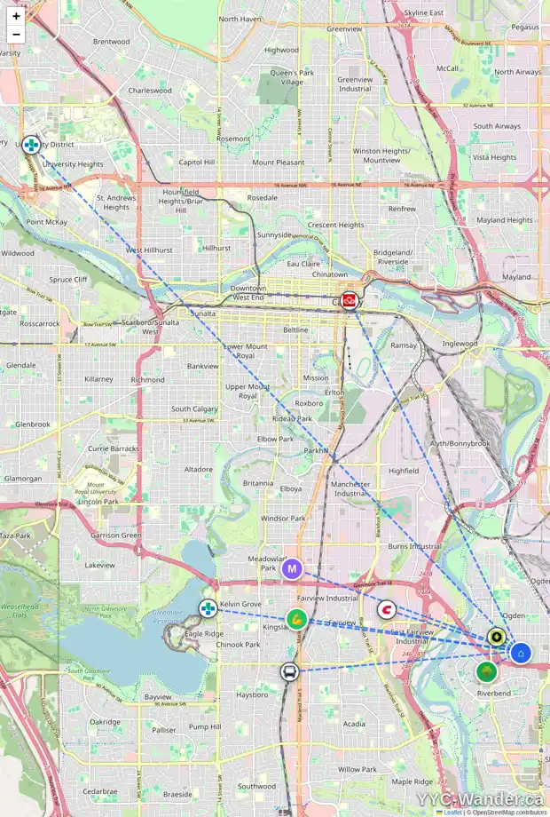 Daily accessibility map for 7835 21A ST SE, Calgary showing nearby schools, grocery stores, parks, LRT stations and nearby amenities